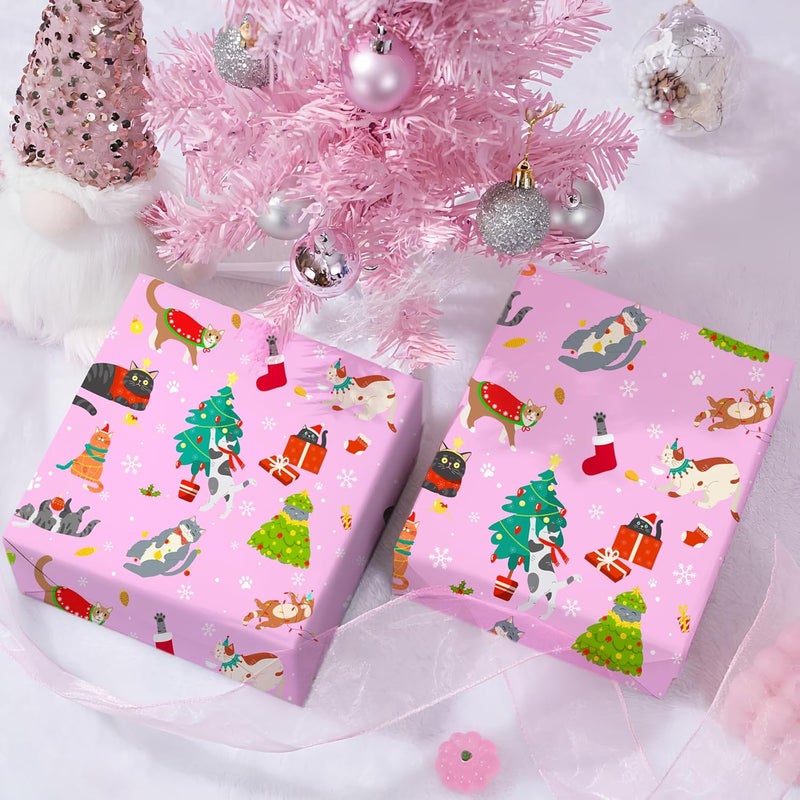ZINTBIAL Cat Christmas Wrapping Paper - Pink Xmas Gift Wrap with Festive Cats, Holiday Trees and Snowflakes Design - Perfect for Cat Lovers, Kids & Adults Gift Wrapping - 40×28 Inches, 4 Folded Sheets - Image 4